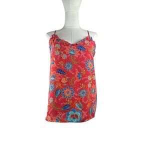 LOFT Red Floral Batik Print Racerback Tank Top Size Small S Ruffle Neck Cami